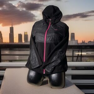 New Balance Womens Jacket Black L Fleece Sleeves Puffer Front Lightweight